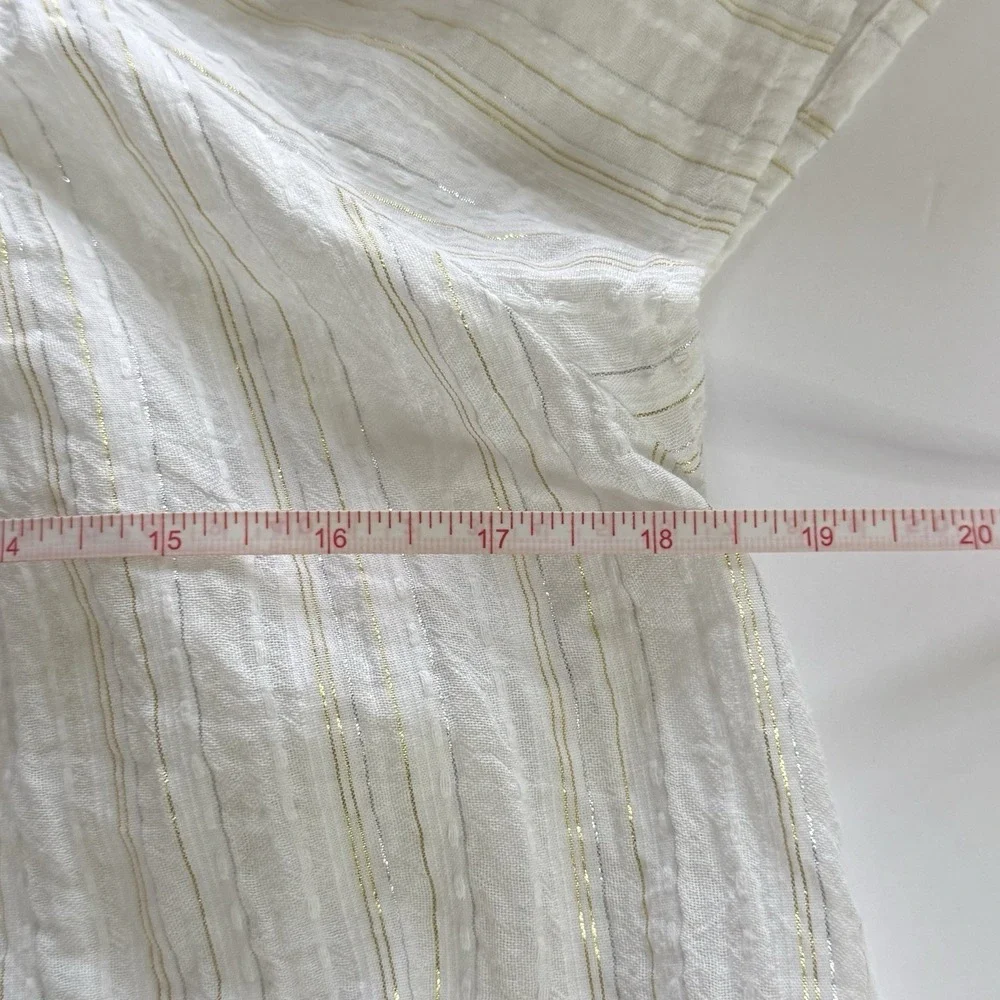 LOFT Womens White Gold Thread Smocked Neck Blouse Size L Boho Short Sleeve Tunic
